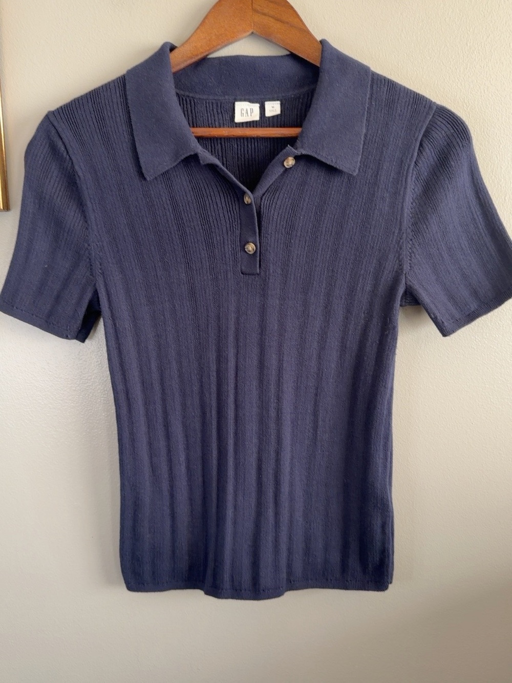 Gap Navy Ribbed Knit Polo Top Medium 100% Cotton Preppy Classic - Picture 7 of 8